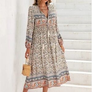 Floral Border Print V-Neck Tassel BoHo Midi Dress  Sz. L 12/14